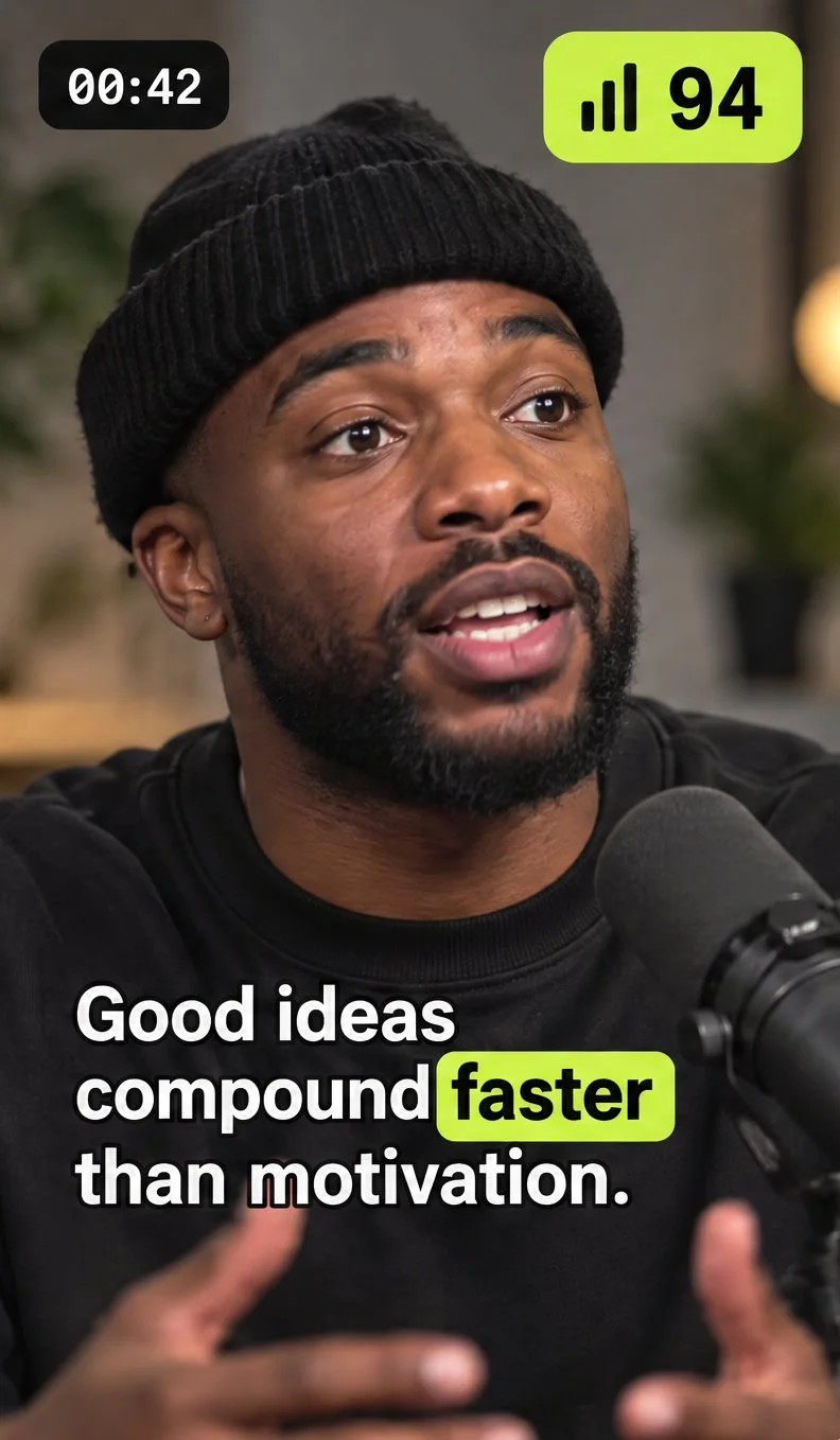 A vertical clip with a burned-in caption: Good ideas compound faster than motivation.